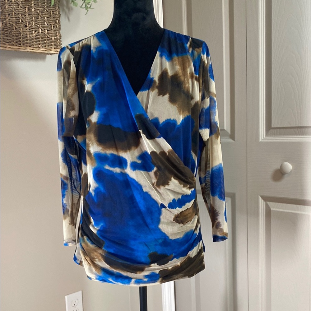 DKNYC Blue and Brown Abstract Wrap Blouse